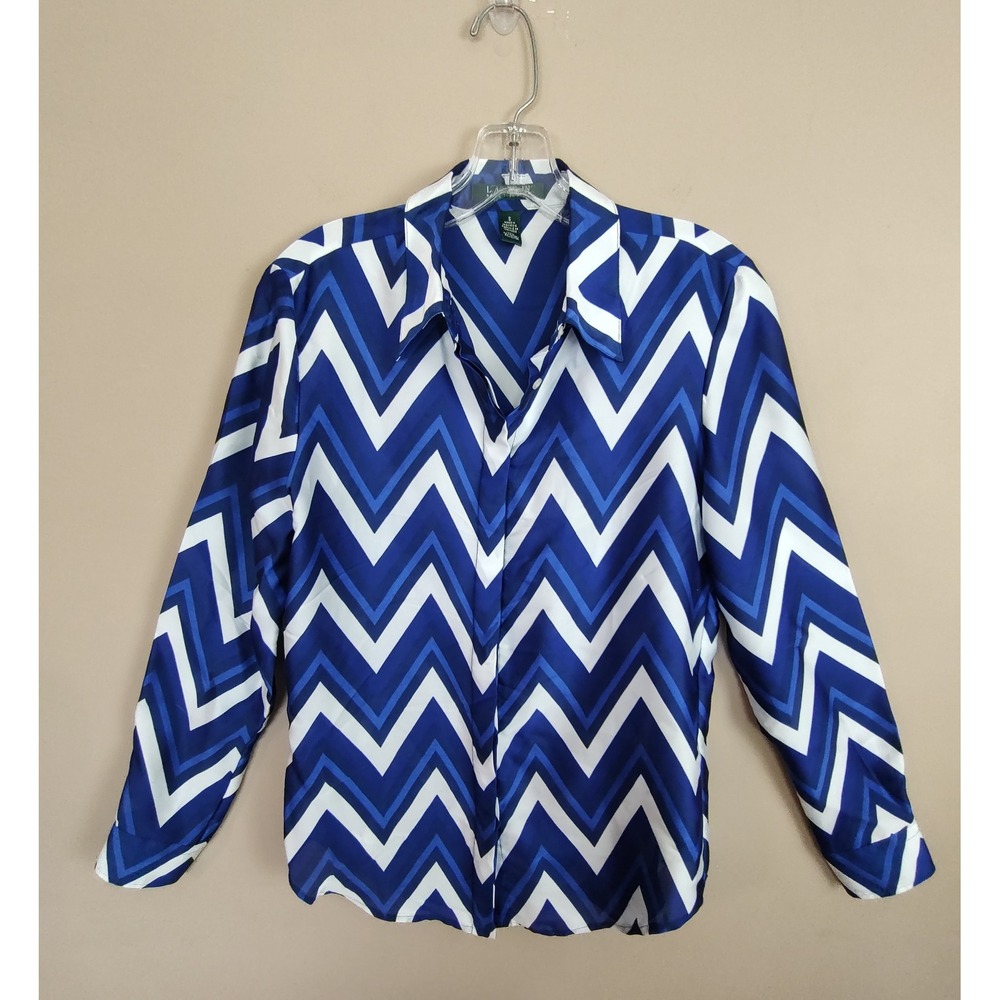 Lauren‎ Ralph Lauren Blue White Chevron Zigzag Button Down Shirt Blouse Womens S